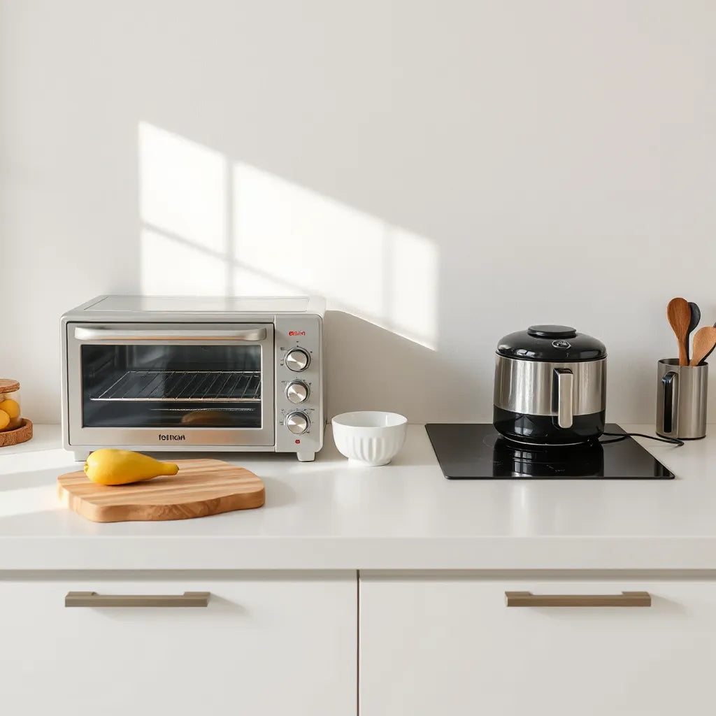 Compact countertop oven, air fryer, and induction cooktop arranged neatly in a small kitchen.