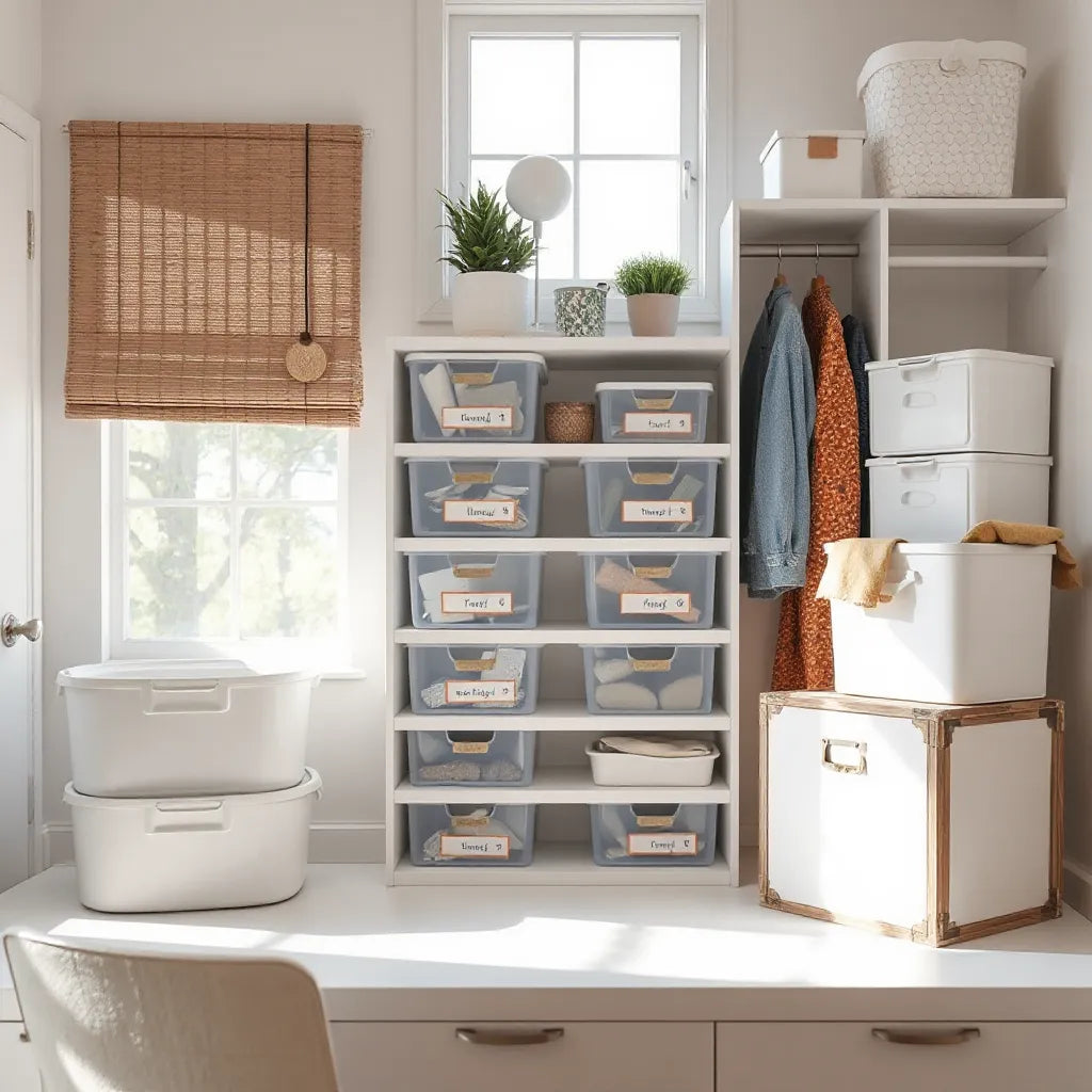Neatly arranged storage bins and drawer organizers on a clean entryway console