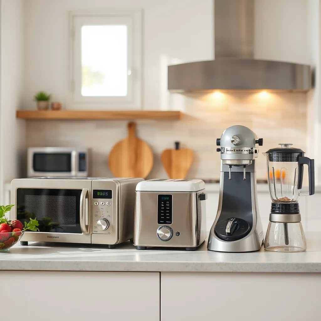 Assorted modern kitchen appliances on a clean countertop in a bright home kitchen