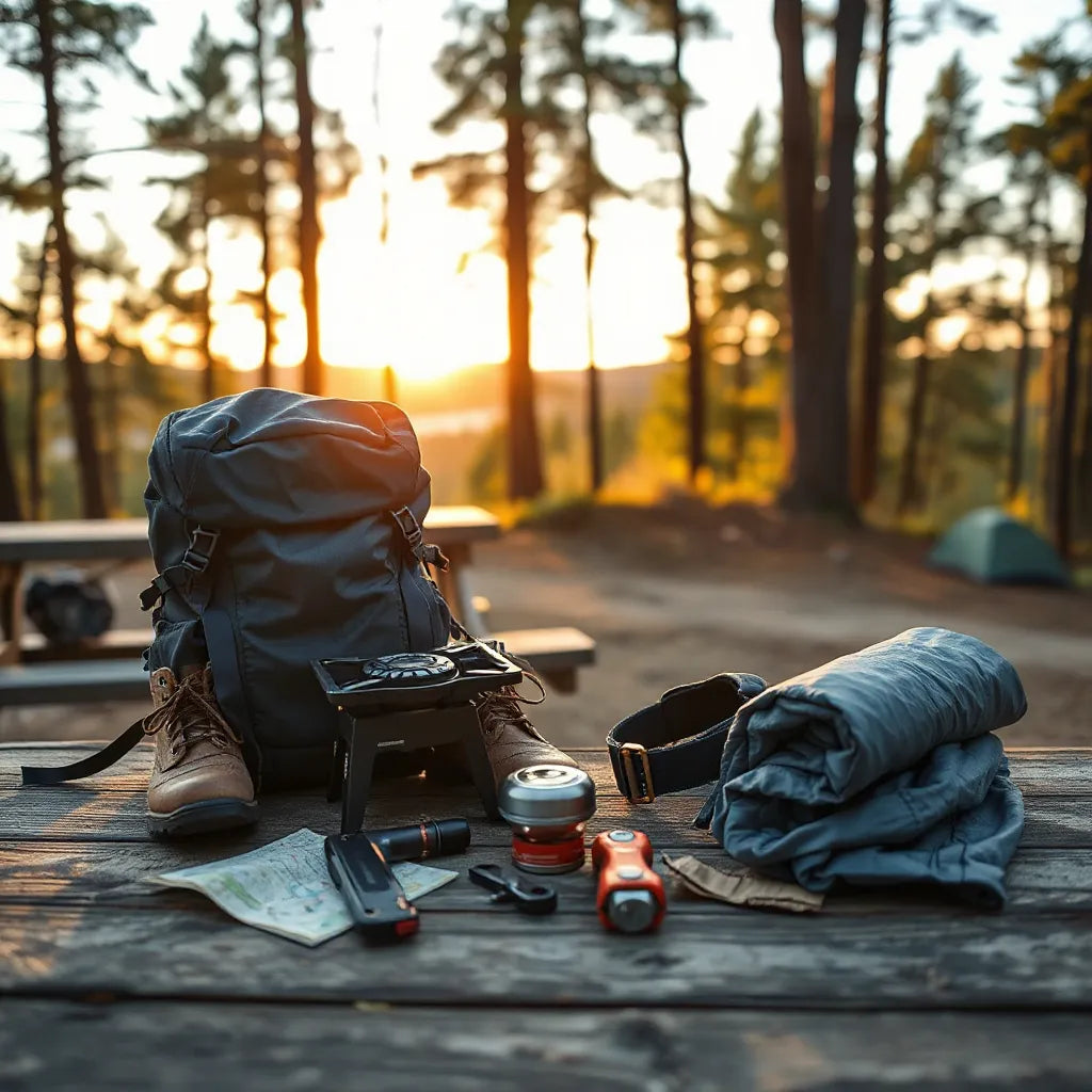 Neatly arranged hiking and camping gear on a table near a forest trail at golden hour