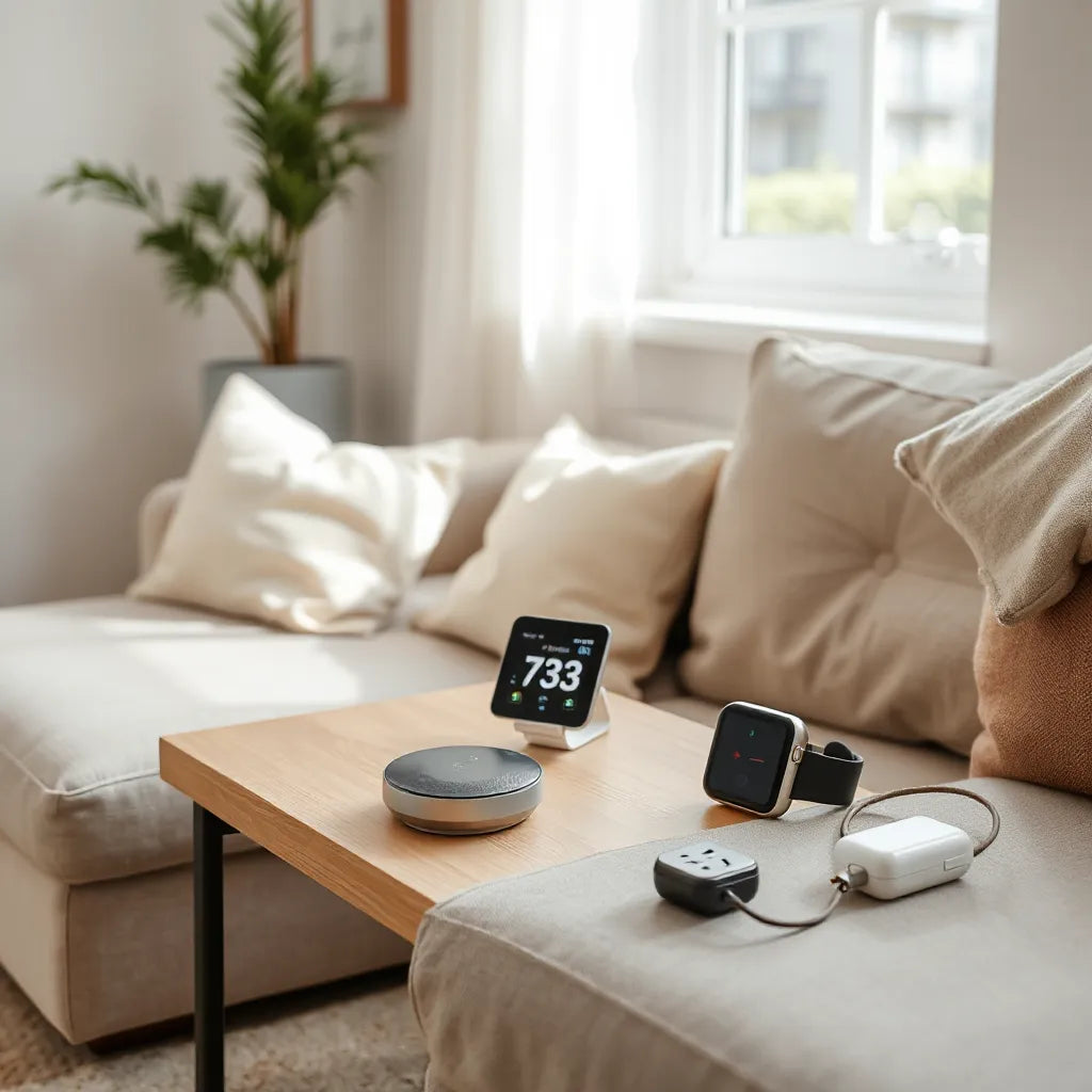 Minimal living room setup showing smart home hub, thermostat, and smartwatch for daily convenience