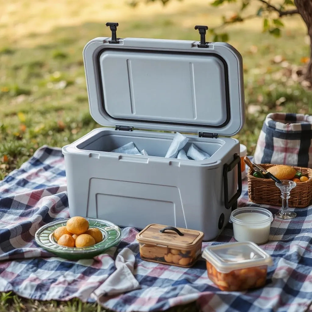 Large cooler with organized compartments and ice packs on a picnic table outdoors