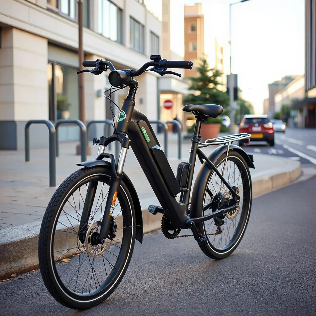 Modern electric bike with integrated battery parked on a quiet city street