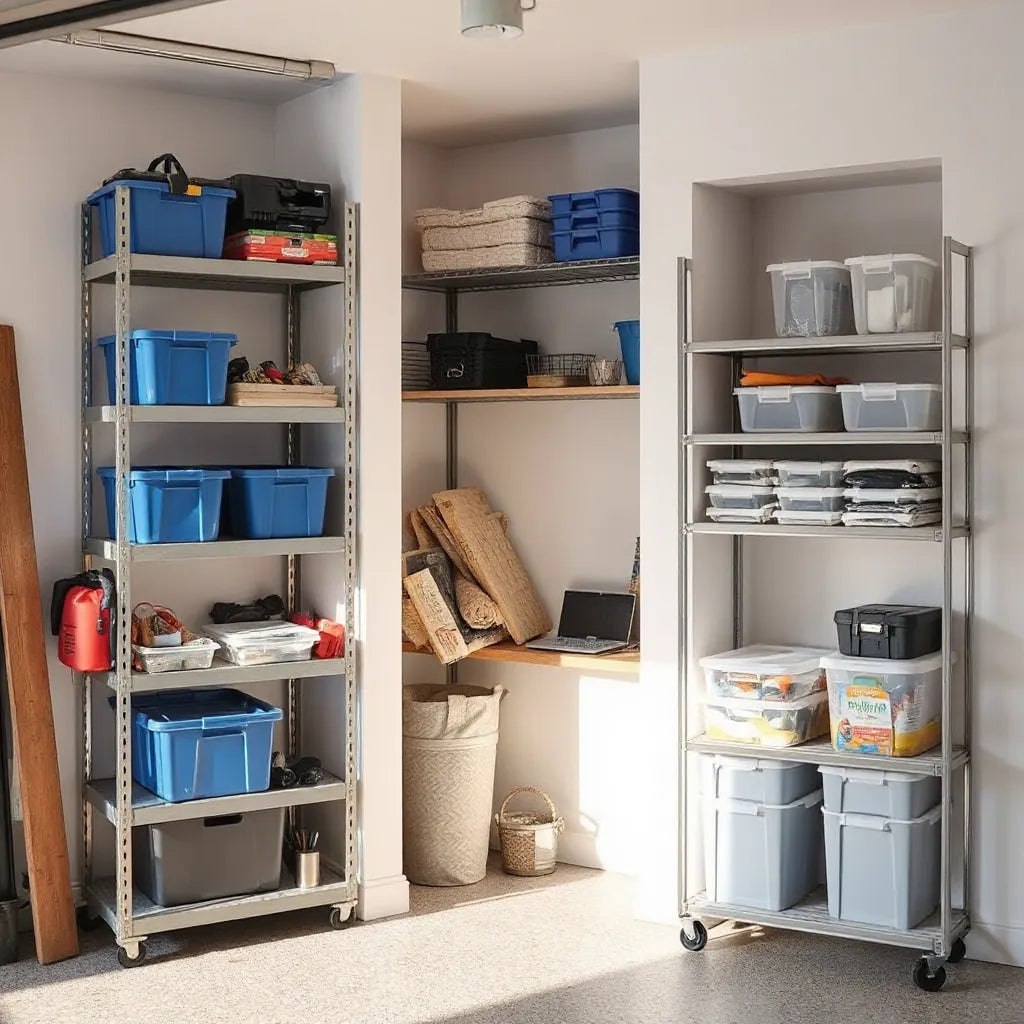 Adjustable multi-purpose storage racks with bins and supplies in a garage and utility closet