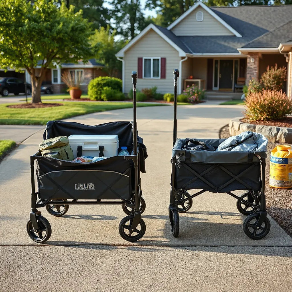 Two open folding wagons with wheels and handles loaded with neatly packed bags outdoors