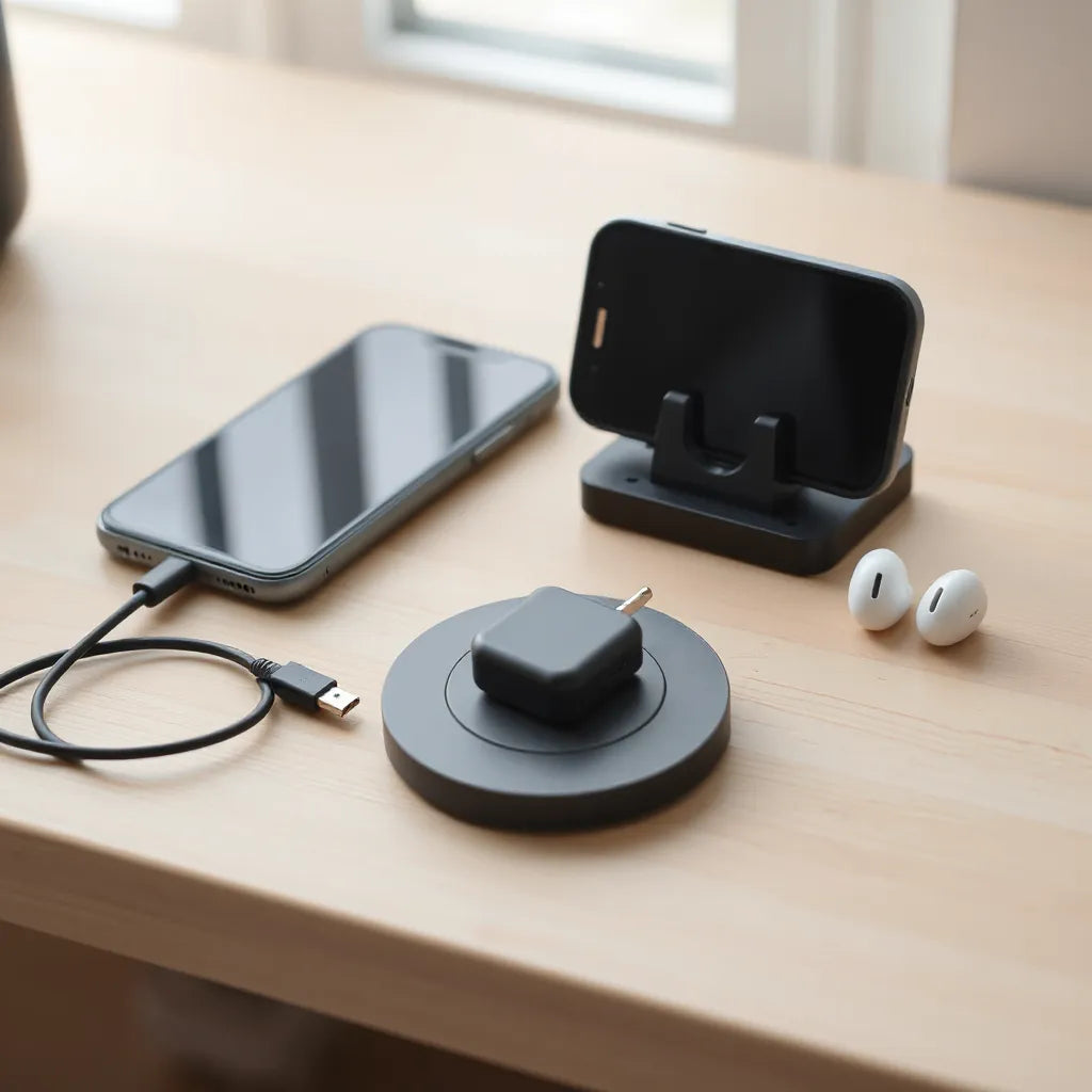Smartphone with protective case and charging accessories arranged on a clean desk