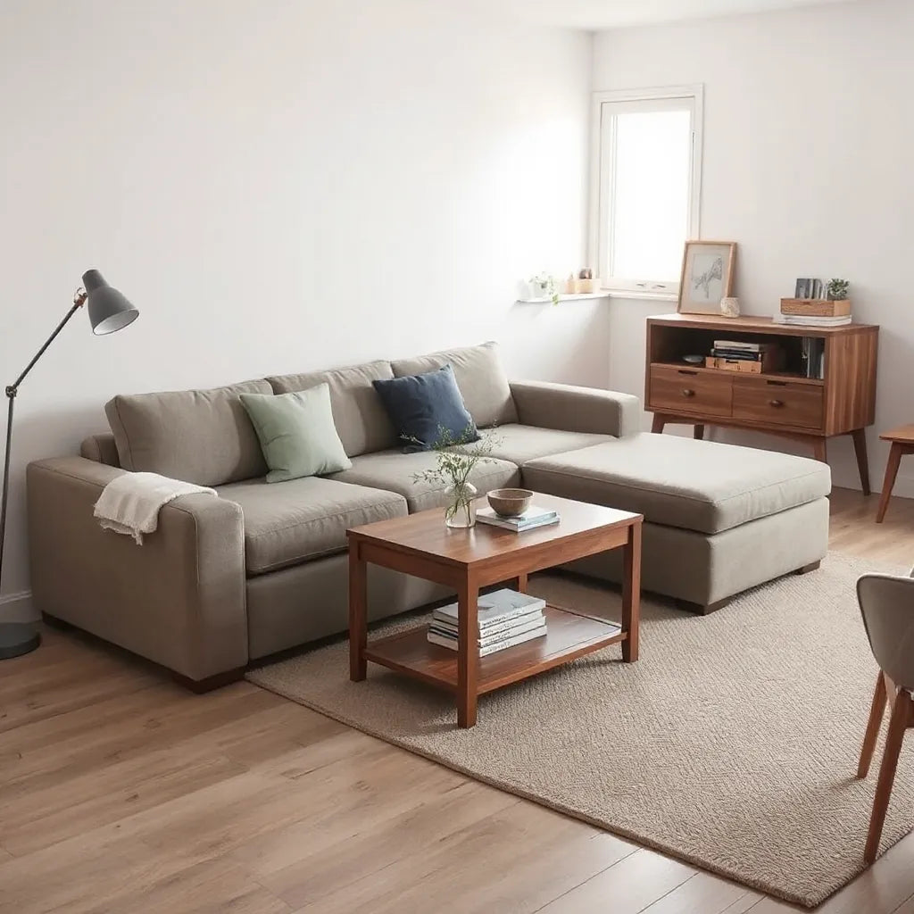 Convertible sofa, nesting coffee table, and expandable console in a bright modern living room