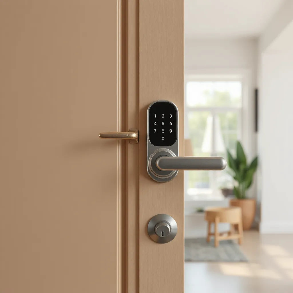 Electronic keypad on a modern door handle with a secured smart-access entryway