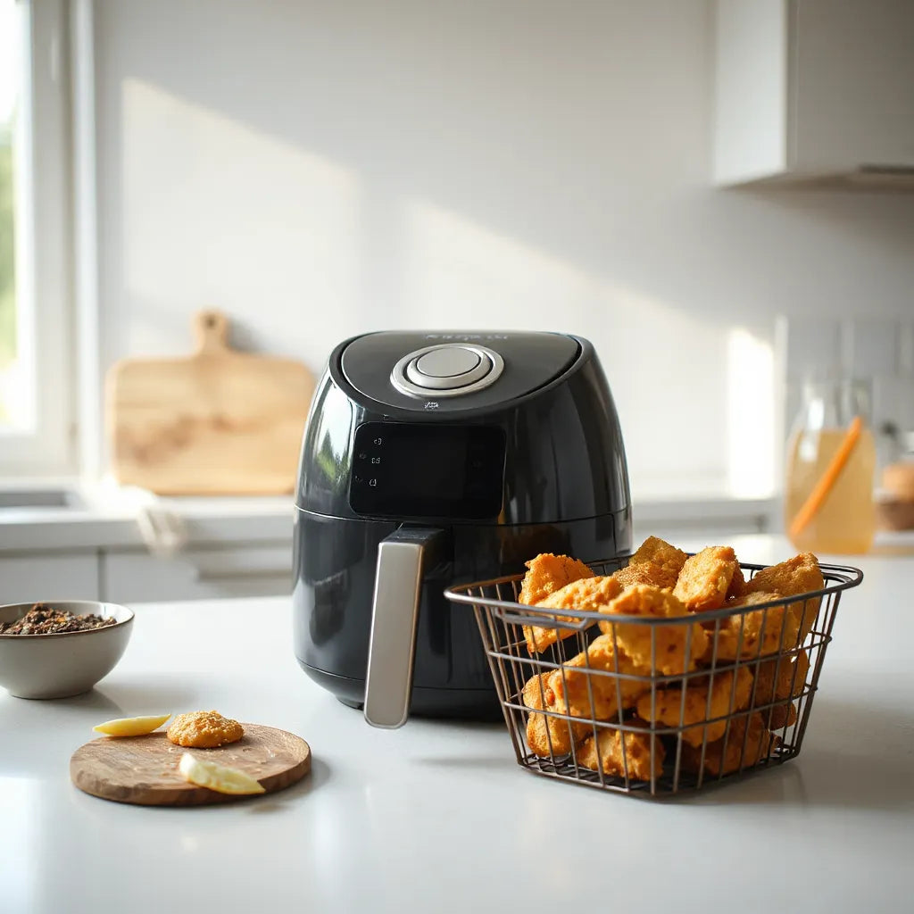 Modern air fryer on a countertop with golden crispy food in the basket