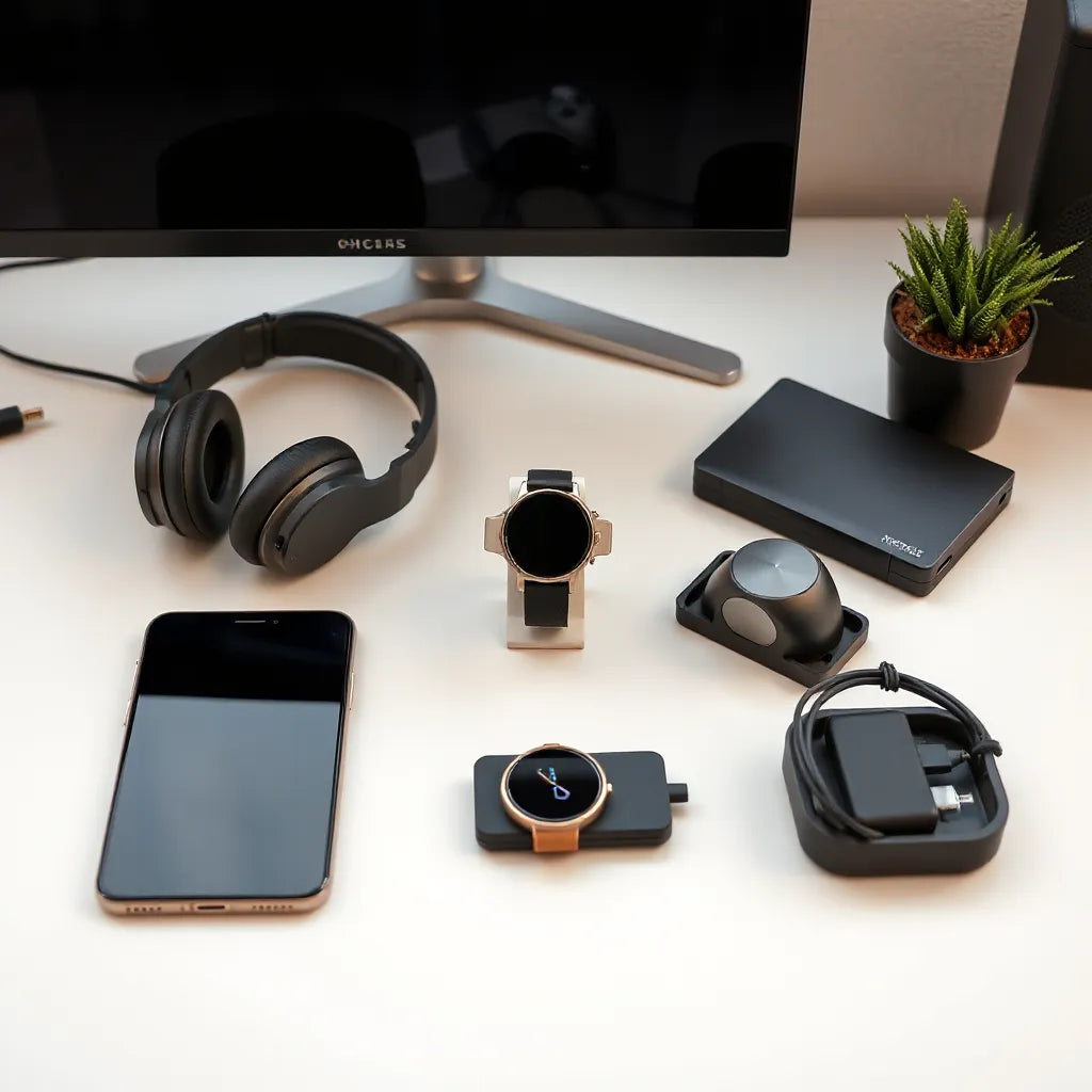 Neatly arranged tech gear on a desk, including wireless headphones, smartphone, smartwatch, and portable storage.