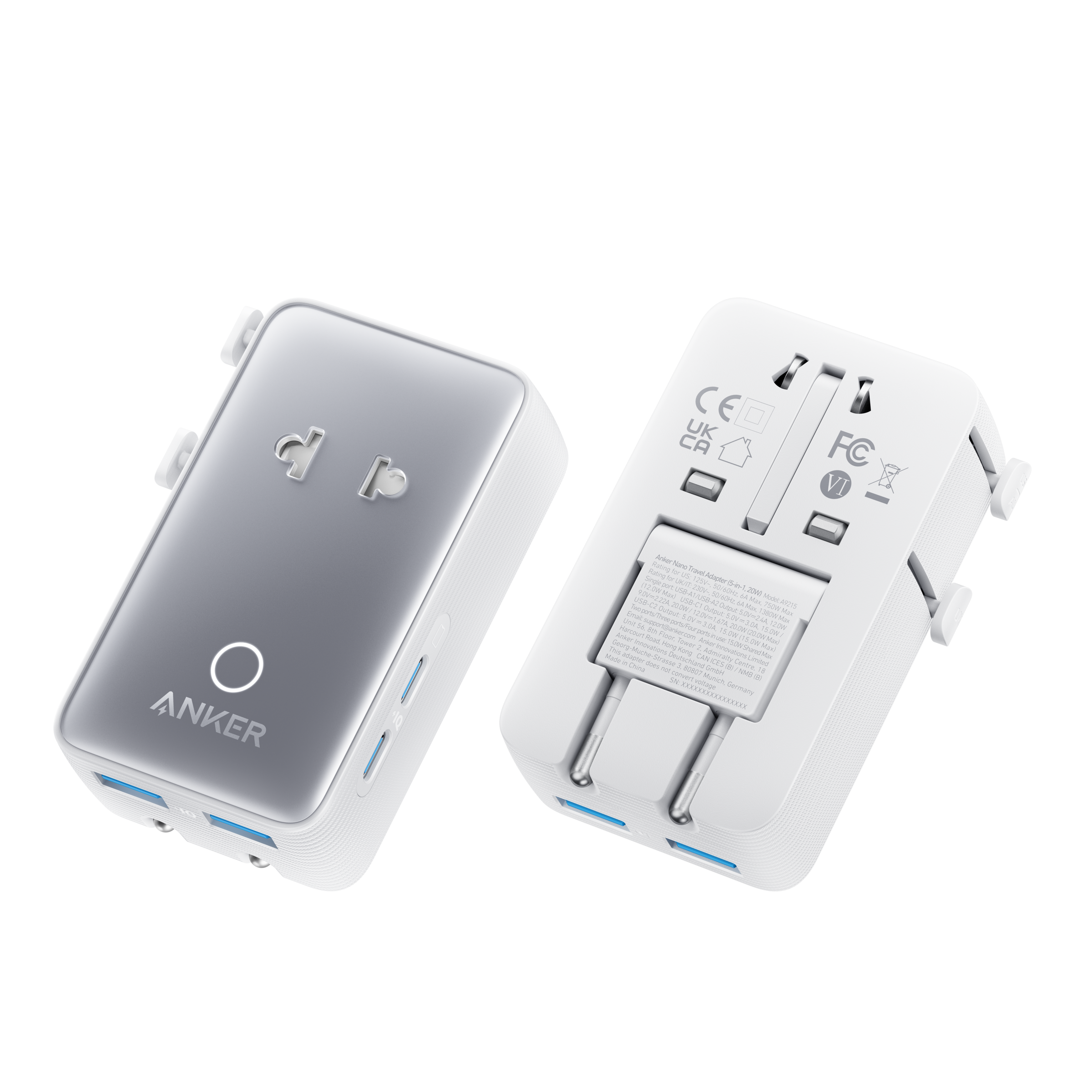 Anker Nano Travel Adapter (5-in-1, 20W, 1-Pack)